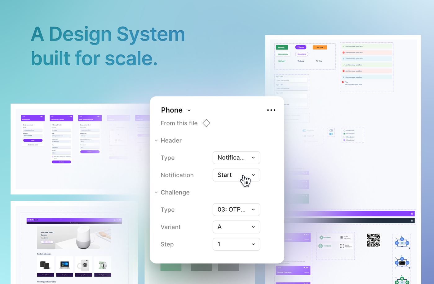 A Figma component properties panel showing header, notification, challenge type, variant and step options.