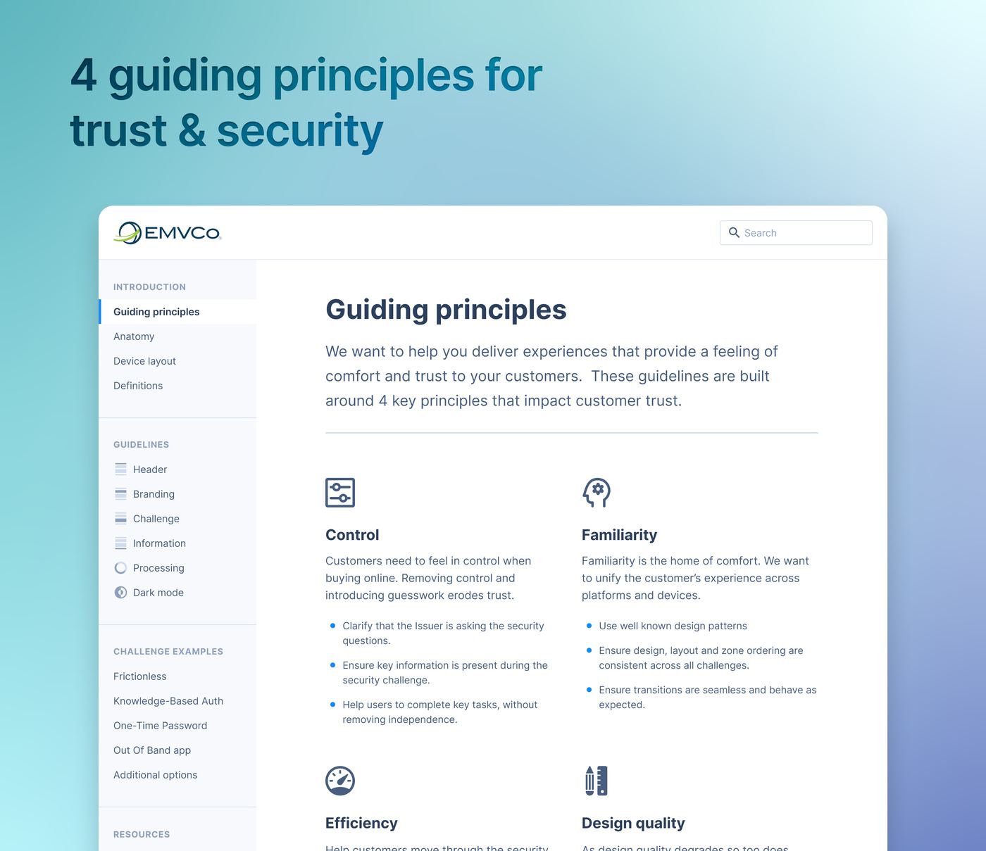 The EMVCo guidelines site showing four guiding principles for trust in authentication.