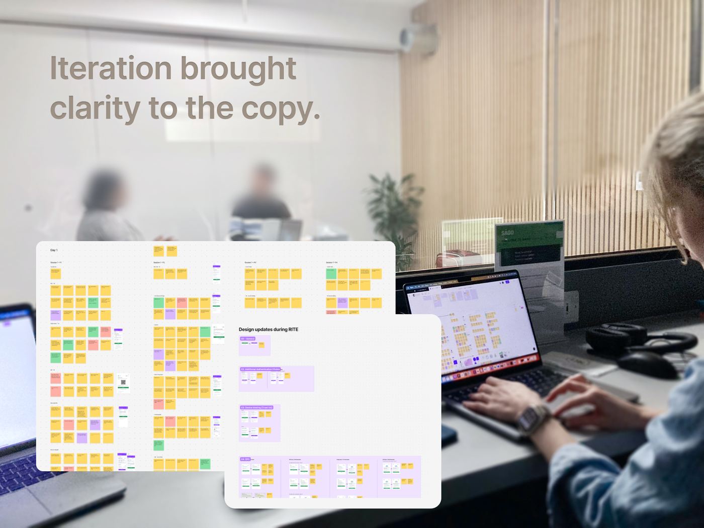 A user testing suite viewed through glass, with FigJam boards of session notes on screen.